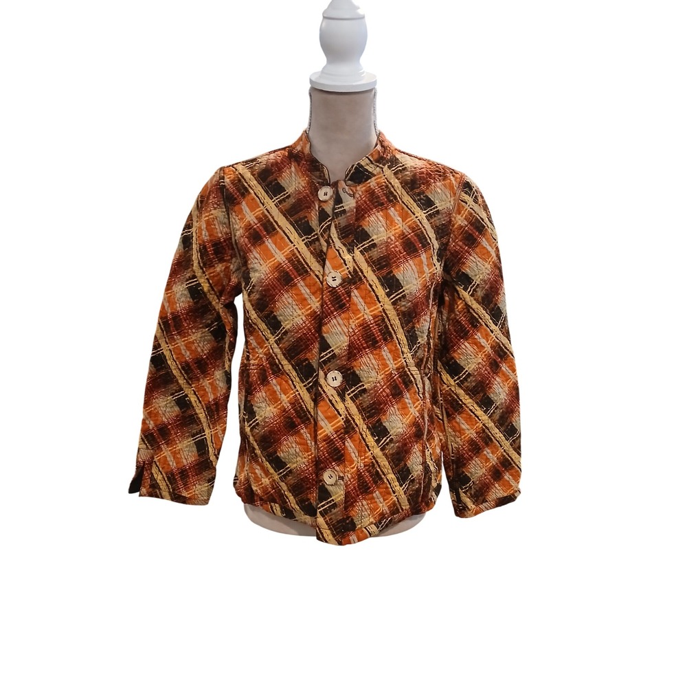 Reversible Quilted Plaid Button Front Jacket Oran… - image 1